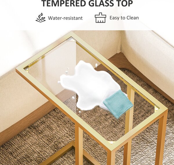 HOMCOM C-Shaped Bedside Table, Modern Side Table with Tempered Glass Tabletop, Steel Frame for Small Space, Living Room, Bedroom, Gold Tone