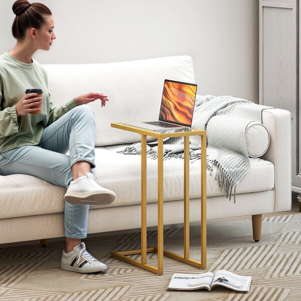 HOMCOM C-Shaped Bedside Table, Modern Side Table with Tempered Glass Tabletop, Steel Frame for Small Space, Living Room, Bedroom, Gold Tone