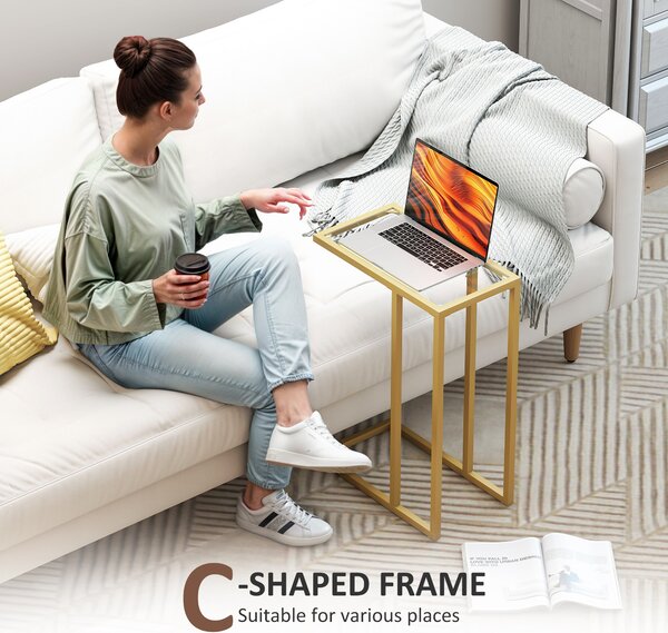 HOMCOM C-Shaped Bedside Table, Modern Side Table with Tempered Glass Tabletop, Steel Frame for Small Space, Living Room, Bedroom, Gold Tone