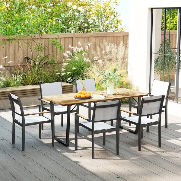 Outsunny Garden Table for 6, 175 x 80 cm Large Rectangle Outdoor Dining Table with 5cm Parasol Hole and Slatted Top, Weather Resistant Fir Wood Patio Table for Balcony, Terrace, Brown
