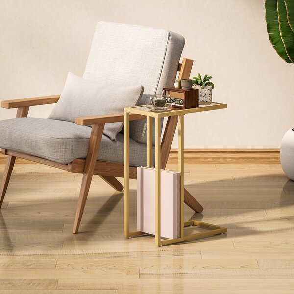HOMCOM C-Shaped Bedside Table, Modern Side Table with Tempered Glass Tabletop, Steel Frame for Small Space, Living Room, Bedroom, Gold Tone
