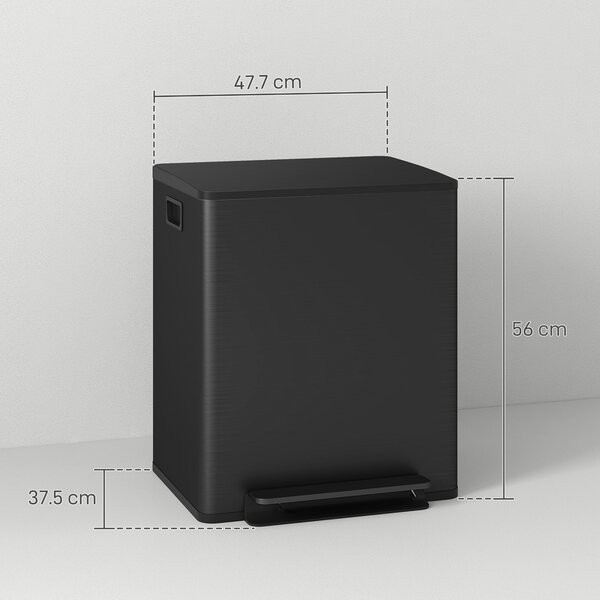 HOMCOM 50L Dual Compartment Stainless Steel Bin, with Deodoriser Holders - Black