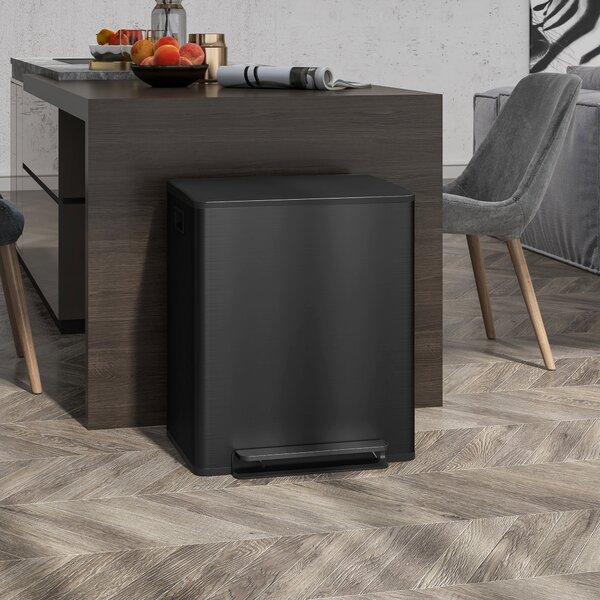 HOMCOM 50L Dual Compartment Stainless Steel Bin, with Deodoriser Holders - Black