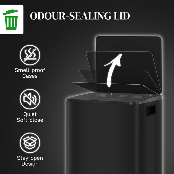 HOMCOM 50L Dual Compartment Stainless Steel Bin, with Deodoriser Holders - Black