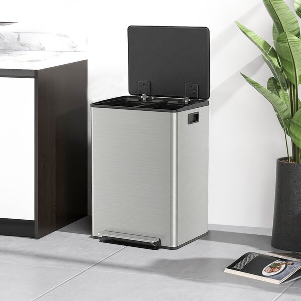 HOMCOM 60L Dual Compartment Stainless Steel Bin with Deodoriser Holders for Kitchen, Office, and Home Use, Silver Aosom UK