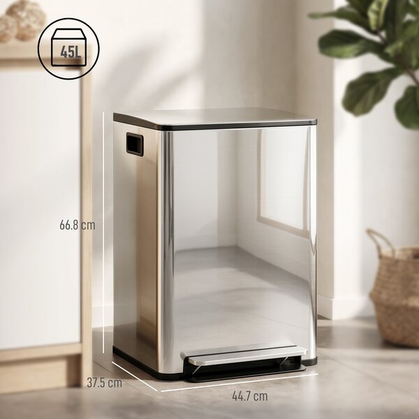 HOMCOM 60L Dual Compartment Stainless Steel Bin with Deodoriser Holders for Kitchen, Office, and Home Use, Silver Aosom UK