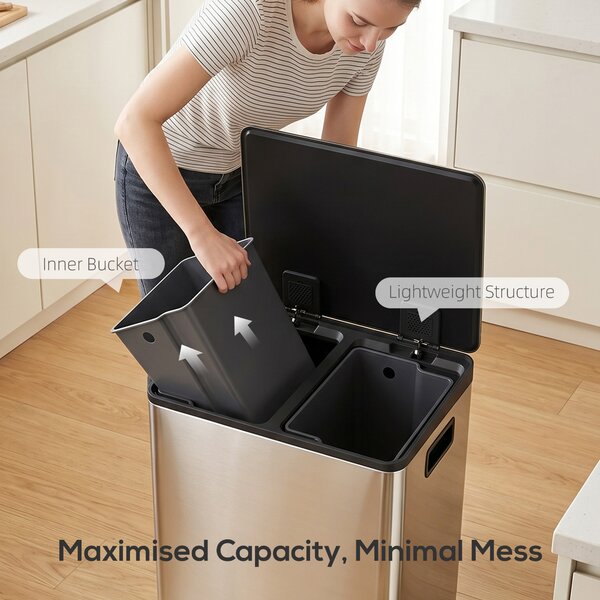 HOMCOM 60L Dual Compartment Stainless Steel Bin with Deodoriser Holders for Kitchen, Office, and Home Use, Silver Aosom UK