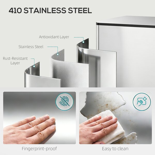 HOMCOM 60L Dual Compartment Stainless Steel Bin with Deodoriser Holders for Kitchen, Office, and Home Use, Silver Aosom UK