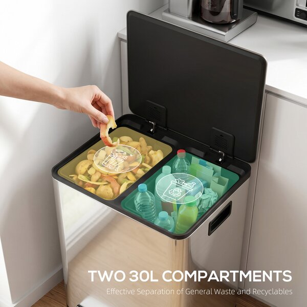 HOMCOM 60L Dual Compartment Stainless Steel Bin with Deodoriser Holders for Kitchen, Office, and Home Use, Silver Aosom UK