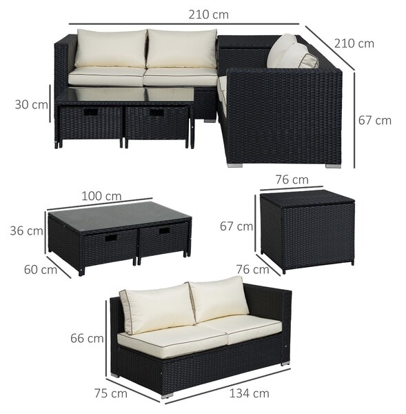 Outsunny 4-Seater Rattan Garden Furniture Patio Sofa Storage & Table Set w/ Coffee Table & Corner Sofa - Black