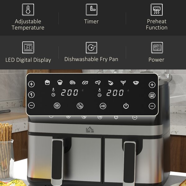 HOMCOM Dual Air Fryer 8.5L Family Size, Double Basket Digital Air Fryer Oven with Smart Finish & 8 Presets Aosom UK