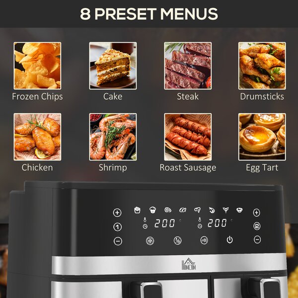 HOMCOM Dual Air Fryer 8.5L Family Size, Double Basket Digital Air Fryer Oven with Smart Finish & 8 Presets Aosom UK