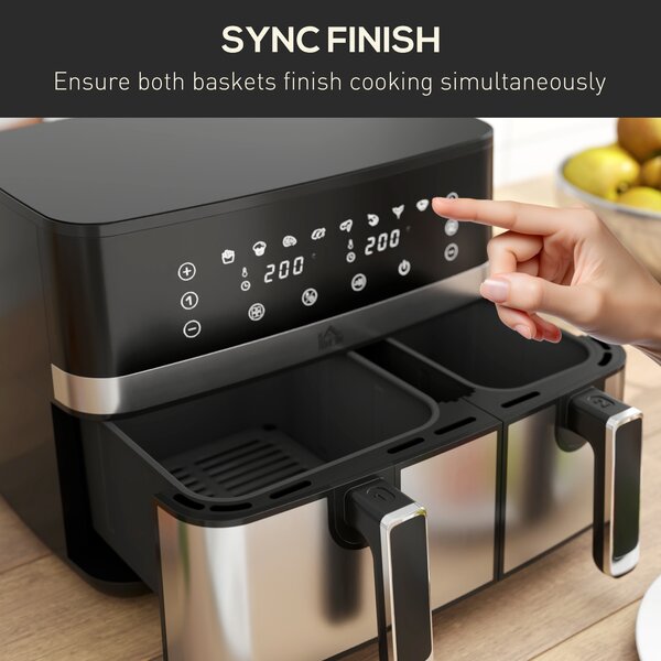 HOMCOM Dual Air Fryer 8.5L Family Size, Double Basket Digital Air Fryer Oven with Smart Finish & 8 Presets Aosom UK