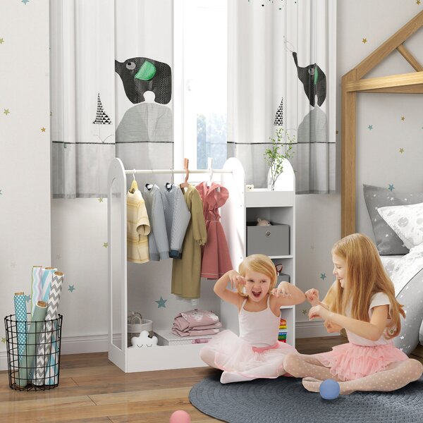 AIYAPLAY Kids Clothes Rail with Storage Shelf, Boxes, Mirror for Bedroom, Nursery, White Aosom UK