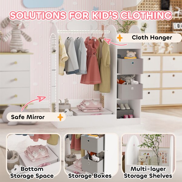 AIYAPLAY Kids Clothes Rail with Storage Shelf, Boxes, Mirror for Bedroom, Nursery, White Aosom UK