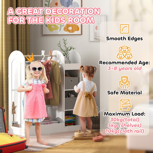 AIYAPLAY Kids Clothes Rail with Storage Shelf, Boxes, Mirror for Bedroom, Nursery, White Aosom UK