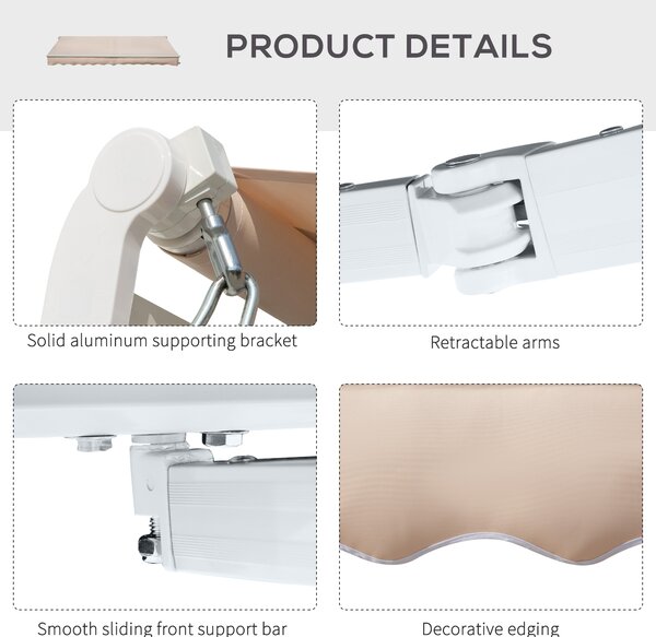 Outsunny 4x2.5m Retractable Manual Awning Window Door Sun Shade Canopy with Fittings and Crank Handle Beige Aosom UK
