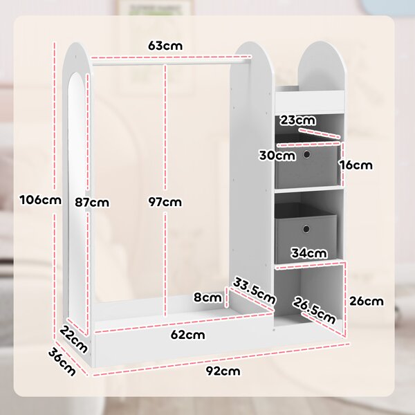 AIYAPLAY Kids Clothes Rail with Storage Shelf, Boxes, Mirror for Bedroom, Nursery, White Aosom UK