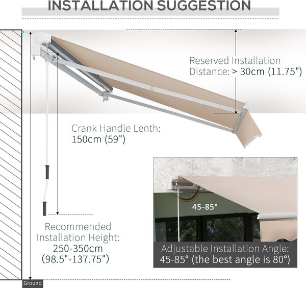 Outsunny 4x2.5m Retractable Manual Awning Window Door Sun Shade Canopy with Fittings and Crank Handle Beige Aosom UK