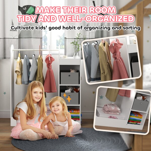 AIYAPLAY Kids Clothes Rail with Storage Shelf, Boxes, Mirror for Bedroom, Nursery, White Aosom UK