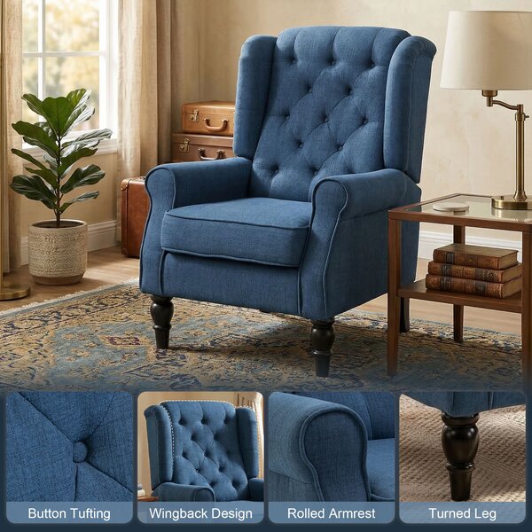 HOMCOM Wingback Accent Chair, Retro Upholstered Button Tufted Occasional Chair for Living Room and Bedroom, Cat Scratch Anti, Blue Aosom UK