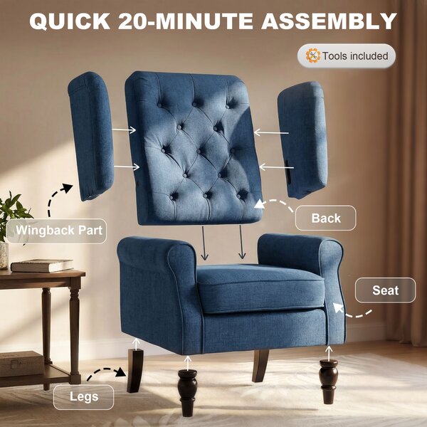 HOMCOM Wingback Accent Chair, Retro Upholstered Button Tufted Occasional Chair for Living Room and Bedroom, Cat Scratch Anti, Blue Aosom UK