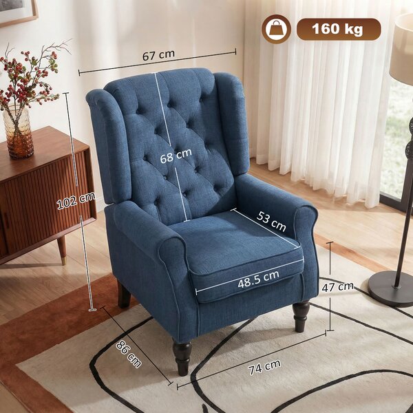 HOMCOM Wingback Accent Chair, Retro Upholstered Button Tufted Occasional Chair for Living Room and Bedroom, Cat Scratch Anti, Blue Aosom UK