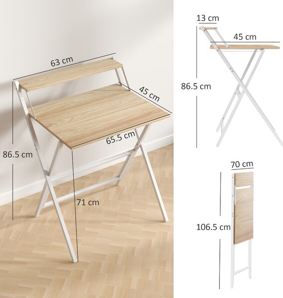 HOMCOM 70 cm Folding Computer Desk with Monitor Shelf - Natural Wood Finish