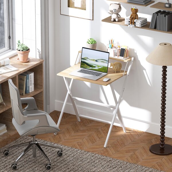 HOMCOM 70 cm Folding Computer Desk with Monitor Shelf - Natural Wood Finish