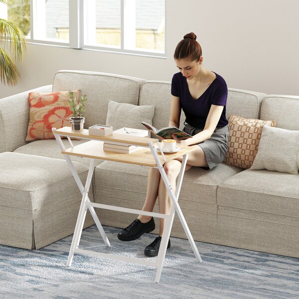 HOMCOM 70 cm Folding Computer Desk with Monitor Shelf - Natural Wood Finish