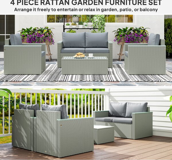 Outsunny 4 Piece Rattan Garden Furniture Set, 4 Seater Wicker Outdoor Sofa Set with 2 Armchairs, Loveseat, Acacia Wood Top Coffee Table, Cushions, Patio Conservatory Set for Balcony, Light Grey