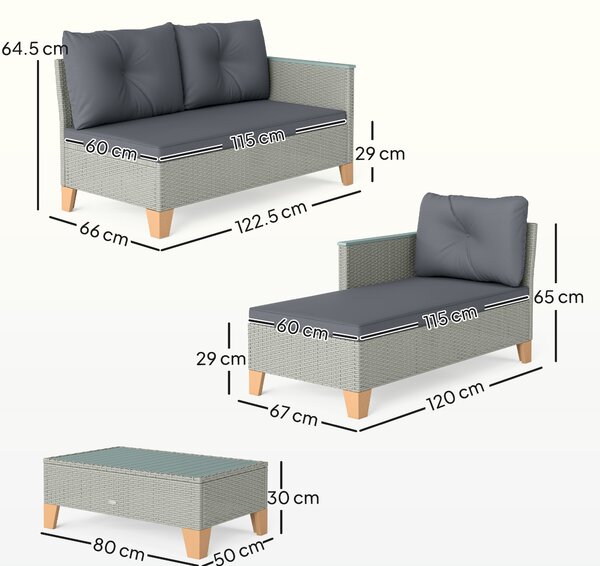 Outsunny 3 Pieces Rattan Garden Furniture Set, L Shaped Garden Conversation Chaise Lounge Furniture with Wood Top Coffee Table and Thick Cushions, Charcoal Grey