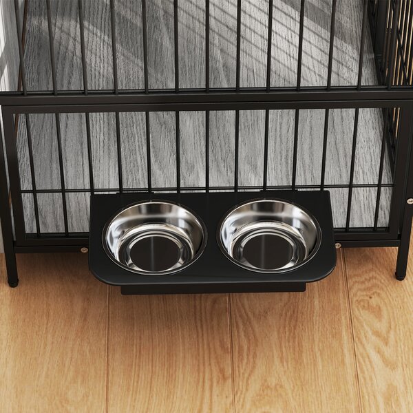 PawHut Dog Crate Furniture, Indoor Dog Kennel with Rotating Bowl Holder & 2 Doors, for Medium Dogs, 80 x 56 x 76.5 cm, Grey Aosom UK
