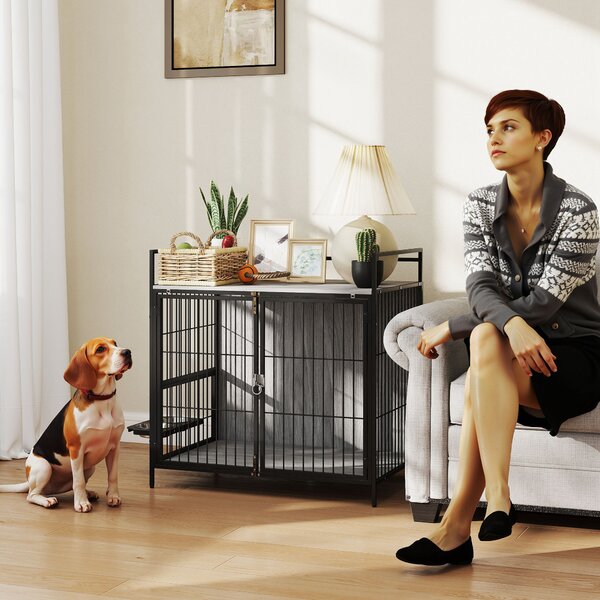 PawHut Dog Crate Furniture, Indoor Dog Kennel with Rotating Bowl Holder & 2 Doors, for Medium Dogs, 80 x 56 x 76.5 cm, Grey Aosom UK