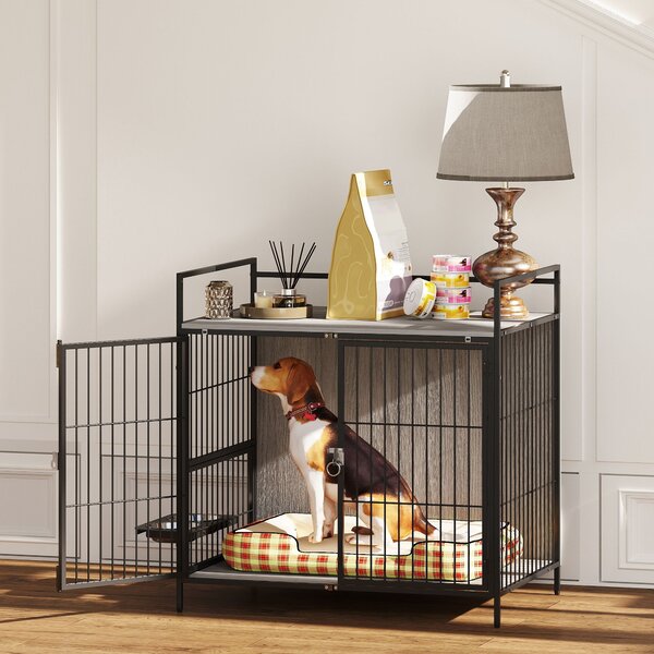 PawHut Dog Crate Furniture, Indoor Dog Kennel with Rotating Bowl Holder & 2 Doors, for Medium Dogs, 80 x 56 x 76.5 cm, Grey Aosom UK