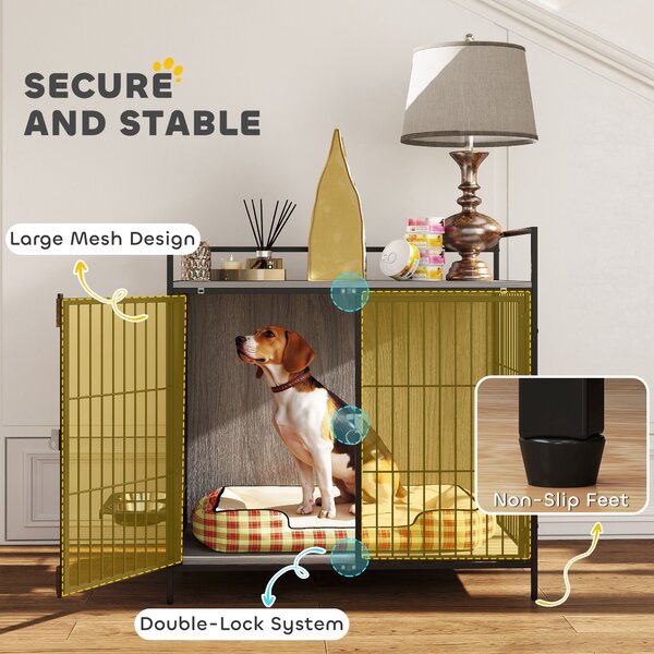 PawHut Dog Crate Furniture, Indoor Dog Kennel with Rotating Bowl Holder & 2 Doors, for Medium Dogs, 80 x 56 x 76.5 cm, Grey Aosom UK