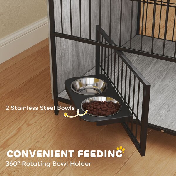 PawHut Dog Crate Furniture, Indoor Dog Kennel with Rotating Bowl Holder & 2 Doors, for Medium Dogs, 80 x 56 x 76.5 cm, Grey Aosom UK