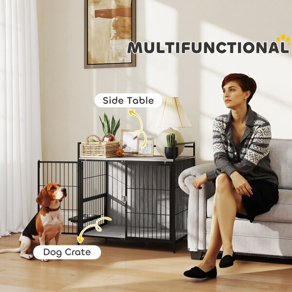 PawHut Dog Crate Furniture, Indoor Dog Kennel with Rotating Bowl Holder & 2 Doors, for Medium Dogs, 80 x 56 x 76.5 cm, Grey Aosom UK