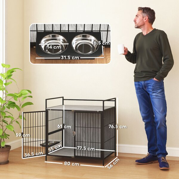 PawHut Dog Crate Furniture, Indoor Dog Kennel with Rotating Bowl Holder & 2 Doors, for Medium Dogs, 80 x 56 x 76.5 cm, Grey Aosom UK
