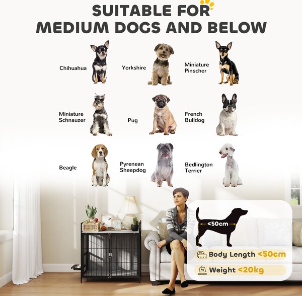 PawHut Dog Crate Furniture, Indoor Dog Kennel with Rotating Bowl Holder & 2 Doors, for Medium Dogs, 80 x 56 x 76.5 cm, Grey Aosom UK