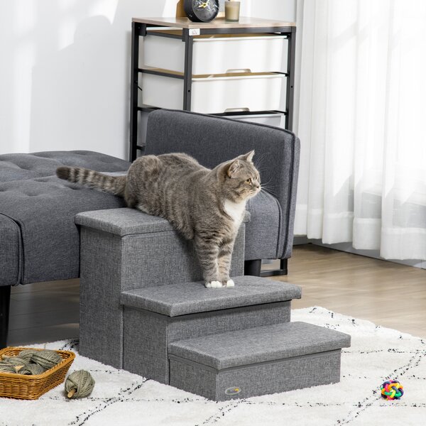 PawHut Cat Stairs with Storage Boxes, 3 Steps Dog Stairs for Bed, Pet Ladder for Couch Sofa, Easy Installation, 63.5x42.5x40.5 cm, Grey Aosom UK