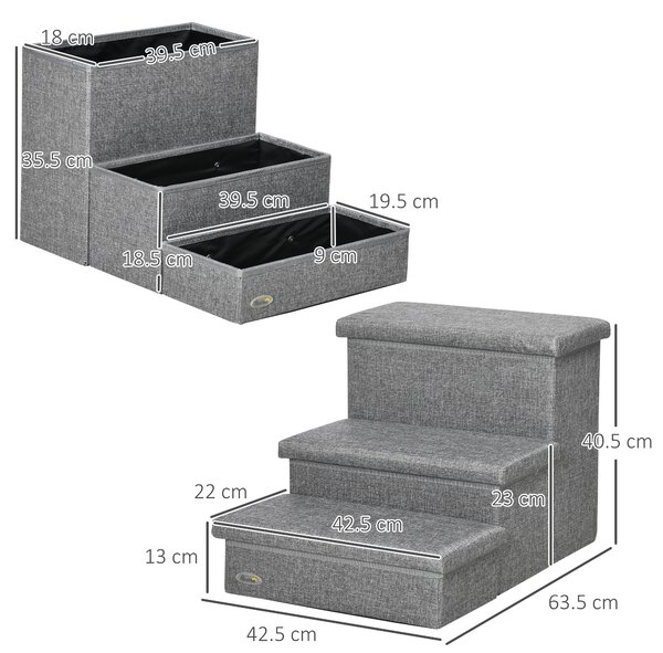 PawHut Cat Stairs with Storage Boxes, 3 Steps Dog Stairs for Bed, Pet Ladder for Couch Sofa, Easy Installation, 63.5x42.5x40.5 cm, Grey Aosom UK