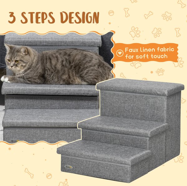 PawHut Cat Stairs with Storage Boxes, 3 Steps Dog Stairs for Bed, Pet Ladder for Couch Sofa, Easy Installation, 63.5x42.5x40.5 cm, Grey Aosom UK
