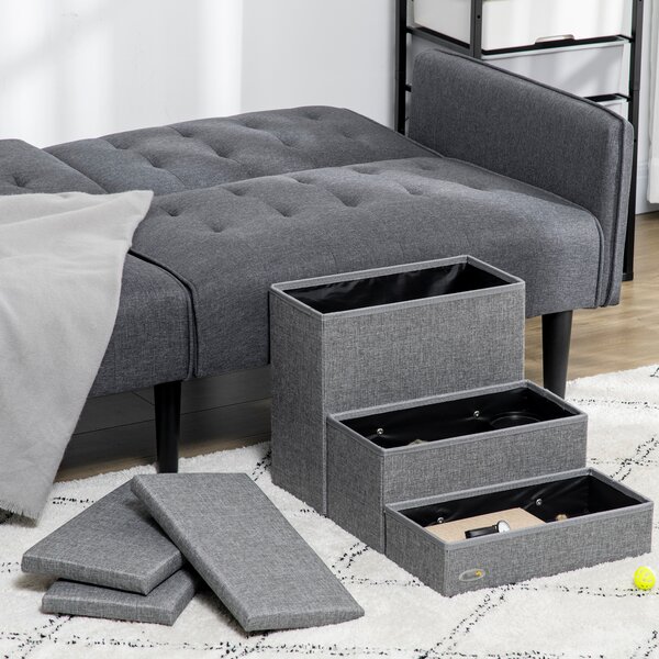 PawHut Cat Stairs with Storage Boxes, 3 Steps Dog Stairs for Bed, Pet Ladder for Couch Sofa, Easy Installation, 63.5x42.5x40.5 cm, Grey Aosom UK