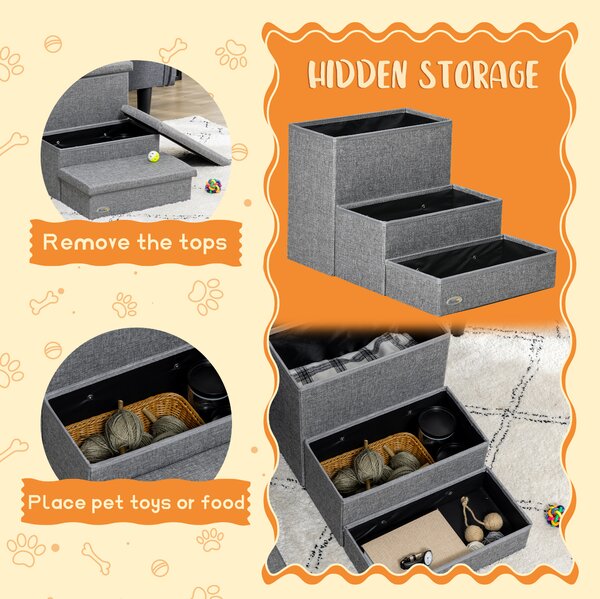 PawHut Cat Stairs with Storage Boxes, 3 Steps Dog Stairs for Bed, Pet Ladder for Couch Sofa, Easy Installation, 63.5x42.5x40.5 cm, Grey Aosom UK