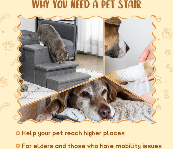 PawHut Cat Stairs with Storage Boxes, 3 Steps Dog Stairs for Bed, Pet Ladder for Couch Sofa, Easy Installation, 63.5x42.5x40.5 cm, Grey Aosom UK