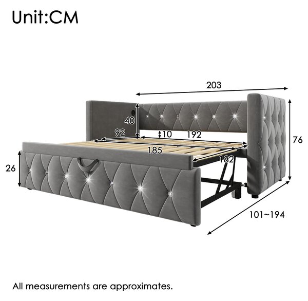 Upholstered Velvet Daybed with USB and Type C Ports, Pull-Out Trundle, Elegant Single Sofa Bed for Bedroom, 203L x 101-194W x 76H cm, Grey Aosom.UK