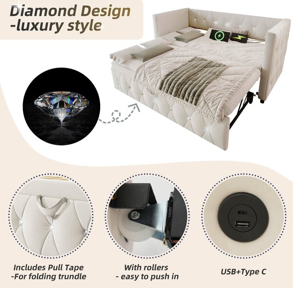 3 Seater Upholstered Bed, Pull Out Sofa Bed with Removable Trundle & Fast Charging Ports, Velvet Fabric, Beige Aosom UK