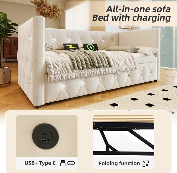 3 Seater Upholstered Bed, Pull Out Sofa Bed with Removable Trundle & Fast Charging Ports, Velvet Fabric, Beige Aosom UK