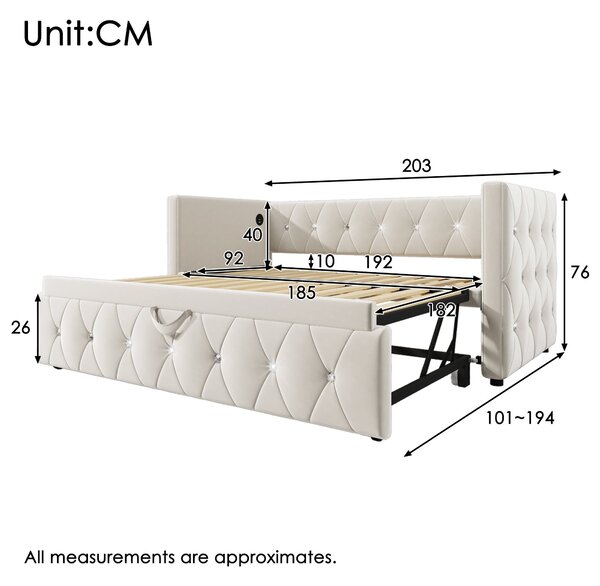 3 Seater Upholstered Bed, Pull Out Sofa Bed with Removable Trundle & Fast Charging Ports, Velvet Fabric, Beige Aosom UK